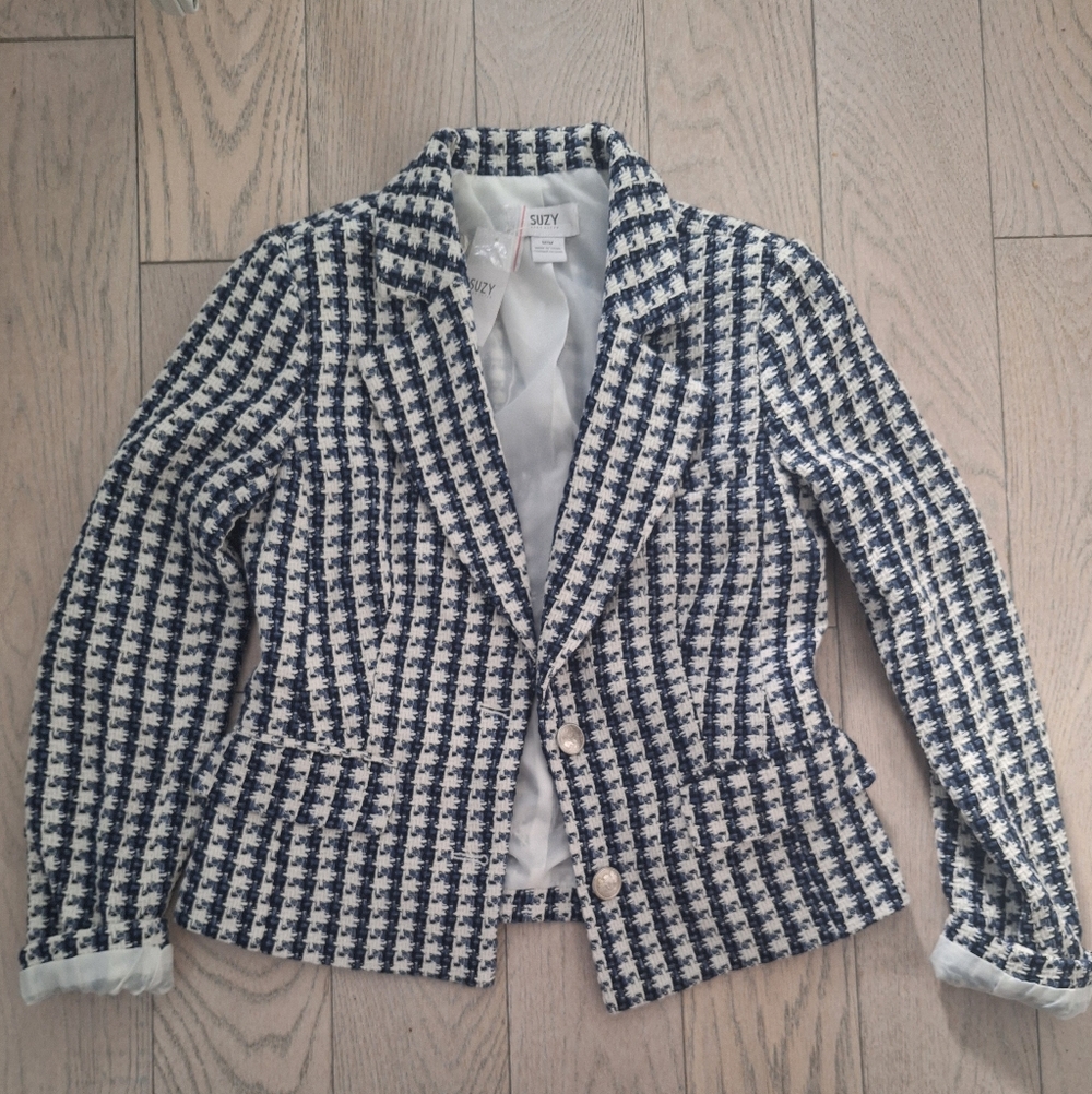 Women's Navy and White Tweed Blazer